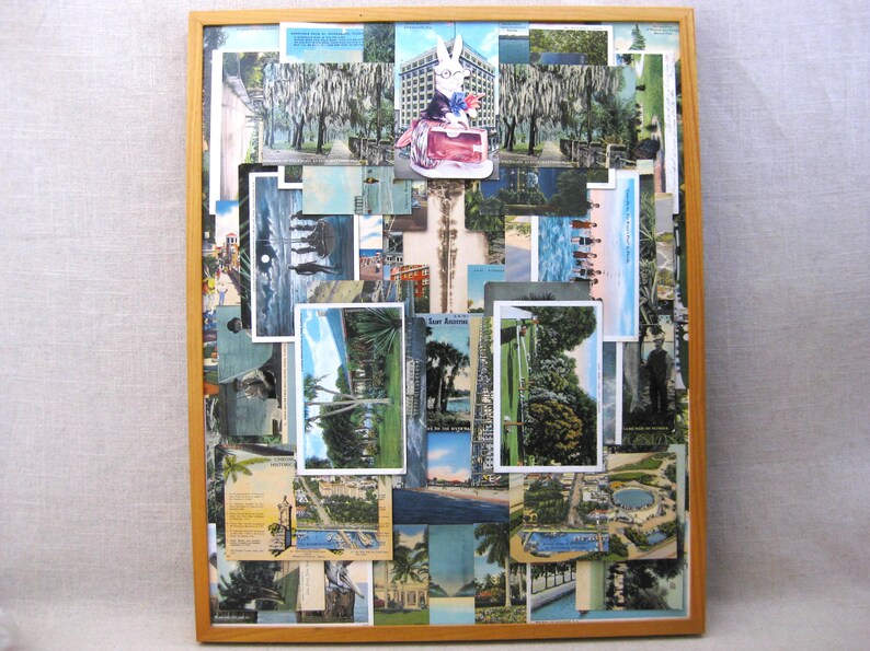 Vintage Religious Collage made from Antique Post Cards. Original by Wil Shepherd Studio. Framed. Titled Jesus went to Florida, and all I got were some post cards. Made of Antique Post Cards arranged to create a series of crosses and crucifix.