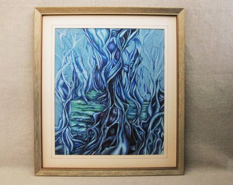 Surreal Landscape Drawing, Original Male Portrait Colored Pencil Framed Wall Art, Vintage Odd and Unusual Home Décor