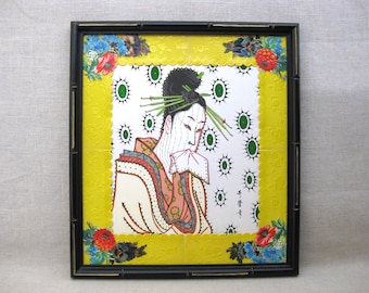 Tattooed Geisha Female Figure Portrait, Original Pen and Ink Drawing Mixed Media Woodcut Print Framed Asian Wall Art