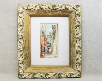 Italian Landscape Watercolor Painting, Original European Urban Architecture Framed Wall Art Signed Zini