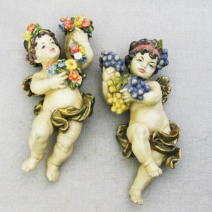 Ornate Carved Cherubs, Italian Putti Sculpture, Pair of European Angel Wall Art Vintage Home Décor Gift