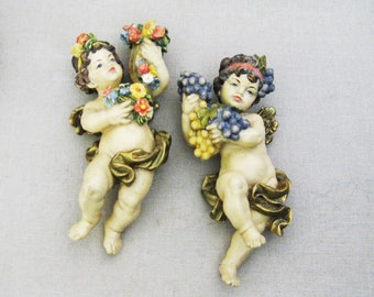 Vintage Carved Cherubs Italian Putti Sculpture Pair of European Angel Wall Sculptures