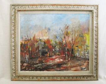 Large Mid-Century Fall Landscape Oil Painting, Original Framed Woodland Vintage Wall Art Rustic Cabin Décor