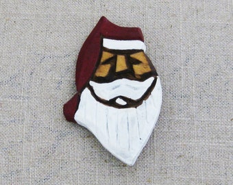 Folk Art Santa Pin Vintage Hand Carved Christmas and Holiday Brooch Rustic Primitive Jewelry