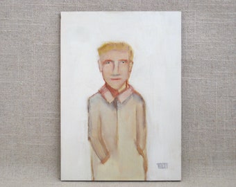 Original Male Portrait Painting on Wooden Panel, Small Wall Art Masculine Home Décor