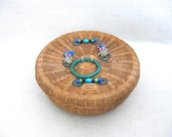 Vintage Round Sewing Basket, Asian Design Fine Bamboo, Woven Storage and Organization