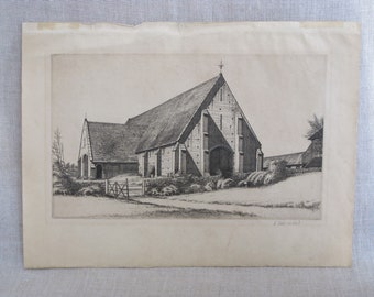 Vintage Church Etching Signed Alan Carr Religious Architecture Linford Tithe Barn at Great Coxwell