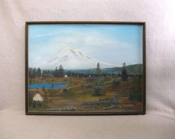 Vintage Mountain Landscape Painting, Original Western USA, Framed Mt Adams Surprise Lake