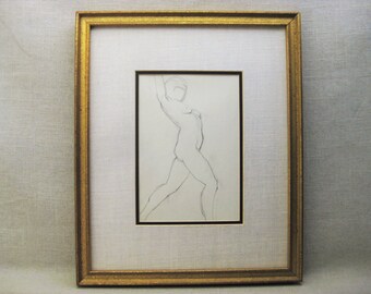 Vintage Portrait Female Nude Drawing Framed Original Fine Art in Wooden Gold Frame