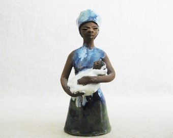 Vintage Female Portrait Bust Fine Art Ceramic Sculpture African American Mother and Child Home Décor Gift for Mom