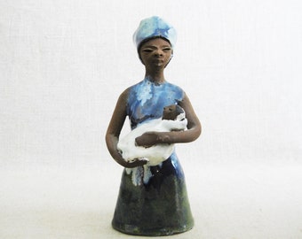 Vintage Female Portrait Bust Fine Art Ceramic Sculpture African American Mother and Child