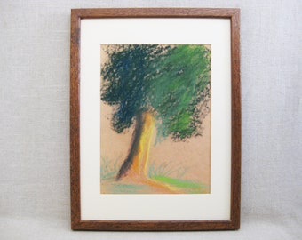 Vintage Tree Drawing Pastel on Paper Nature Inspired Framed Original Fine Art Wall Décor