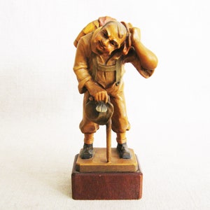 Folk Art Anri Male Figure Wood Carving, Italian Sculpture, Vintage Alpine Mountain Hiker