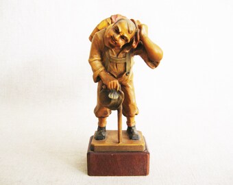 Folk Art Anri Male Figure Wood Carving, Italian Sculpture, Vintage Alpine Mountain Hiker