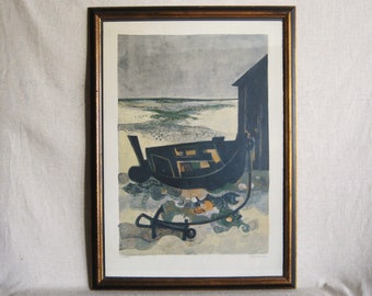 Vintage Beach Landscape Lithograph Framed Original Fine Art Print Gunnel Gallery Beach House Coastal Décor