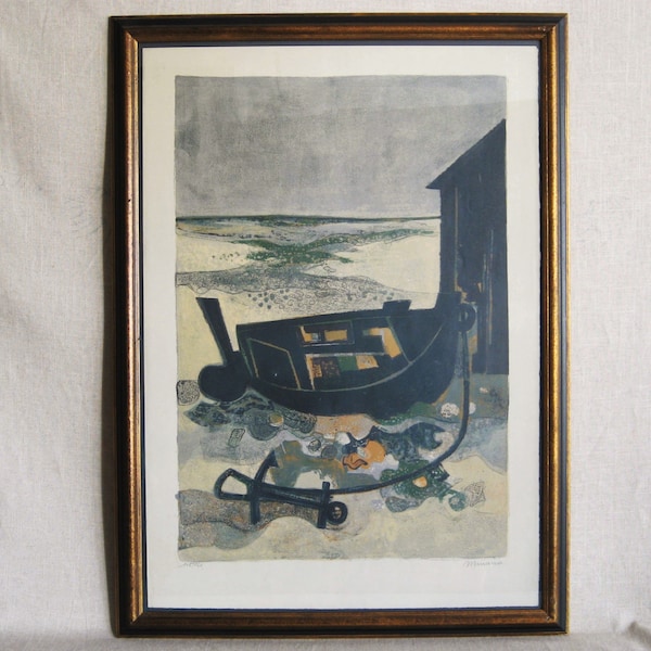 Vintage Beach Landscape Lithograph Framed Original Fine Art Print Gunnel Gallery Beach House Coastal Décor