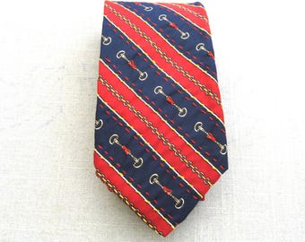 Men's Red and Navy Blue Striped Silk Necktie, Nautical Vintage Hand Embroidered Upcycled Preppy Neck Wear