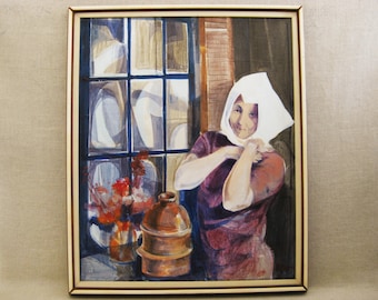 Modern Female Portrait Painting, Framed Original Vintage Wall Art Housewarming Gift