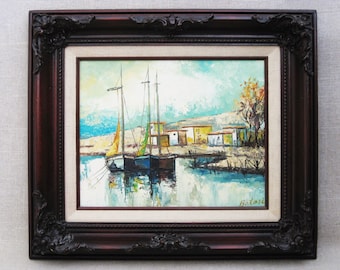 Seaside Sailboat Landscape Painting Mid-Century Original Vintage Framed Coastal, Nautical Beach House Home Décor