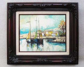 Vintage Harbor Sailboat Painting Seaside Landscape Framed Original Fine Art Coastal and Beach House Décor