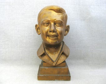 Mid-Century Male Bust Portrait Sculpture, Statue of Young Man, Store Display Figure