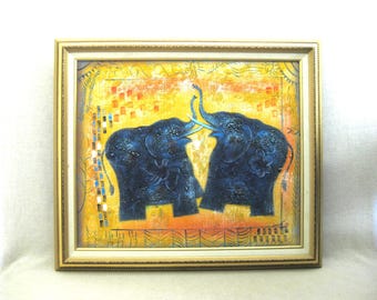 Vintage Elephant Painting in Blue and Golds, Framed Original Contemporary Art
