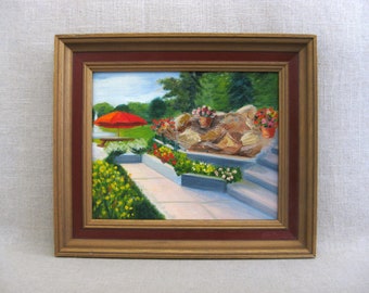 Garden Landscape Framed Painting Original, Vintage Fine Art Wall Décor Housewarming Gift