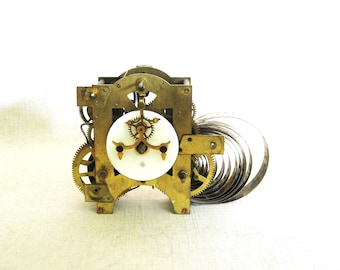 Vintage Clock Movement Antique Ansonia Interior Time Mechanism w Porcelain Face