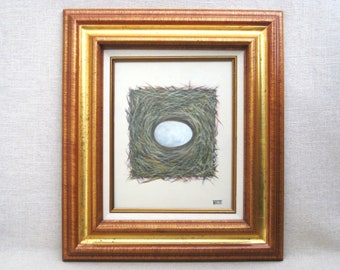 Surreal Bird Nest Painting, Original Framed Wall Art Décor Vintage Gold Wooden Frame Classical