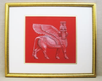 Vintage Shedu Lamma Drawing Mythical Animals Framed Original Fine Art
