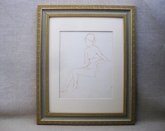 Vintage Portrait Female Nude Watercolor Painting Framed Original Fine Art