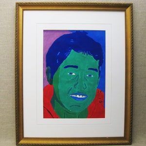Colorful Surreal Male Portrait Painting, Original Gouache Framed Wall Art Contemporary Vintage Home Décor Modern