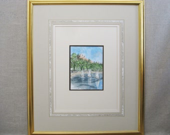 Sailboat Landscape Painting Watercolor, Vintage Original Framed Wall Art, Central Park NYC Home Décor