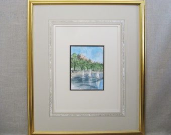 Vintage Sailboat Landscape Watercolor Painting Central Park NYC Framed Original Fine Art