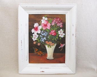 Framed Floral Still Life Painting, Original Pink and White Vintage Feminine Wall Art