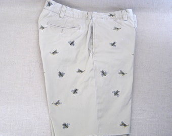 Vintage Embroidered Insect Bee Wasp Motif Cotton Shorts Ralph Khaki Summer Men's