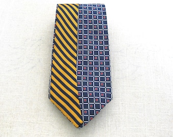 Upcycled Preppy Stripe Silk Tie, Vintage Navy and Gold Hand Embroidered Men's Neck Wear, Gift for Him