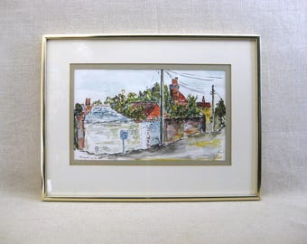Watercolor House Portrait Painting, Original Framed Vintage Urban Landscape, Petworth England
