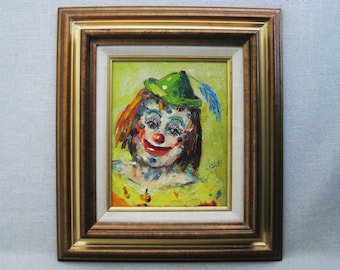 Clown Male Portrait Painting, Original Vintage Circus Theme Framed Mid-Century Wall Décor