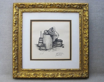 Framed Male Portrait Fine Art Print, Signed Gil McCue Vintage Gold Framed Wall, Home Décor
