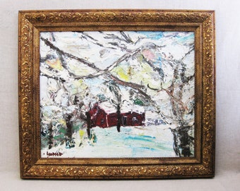 Framed Winter Landscape Vintage Painting Large Original Fine Art Rustic Cabin Décor