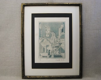 Surreal Abstract Engraving Print, Original Mid-Century Vicente Brito, Latin American Art, Framed Vintage Fine Art