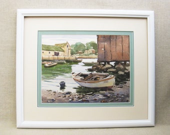 Seaside Landscape Painting, Boats on Harbor Shore, Framed Original Watercolor Wall Art, Beach House Décor