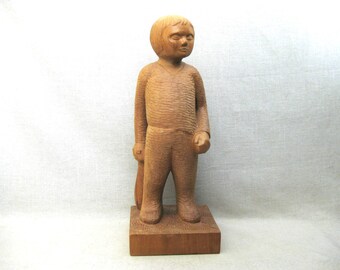 Vintage Folk Art Carving, Male Child Portrait Sculpture Wooden Statue