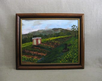 Vintage Summer Landscape Painting, Naïve Folk Art Original Framed Rustic Décor