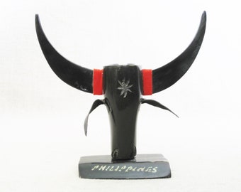 Vintage Bull Head Pen Holder, Carved Horn Sculpture, Folk Art