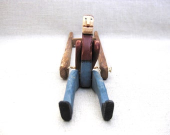 Vintage Folk Art Carved Wooden Acrobat Squeeze Toy Handmade Primitive Toys Rustic Cabin Décor
