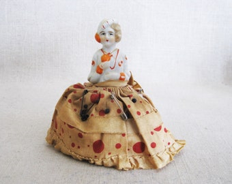 Vintage Pin Cushion Doll, Ceramic Body, Victorian Style, Sewing Room Decor