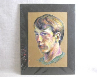 Mid-Century Vintage Male Portrait Drawing Original Fine Art Masculine Wall Décor