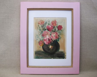 Vintage Floral Still Life Painting Gouache Pink Flower Wall Art Framed Original Fine Art Housewarming Gift